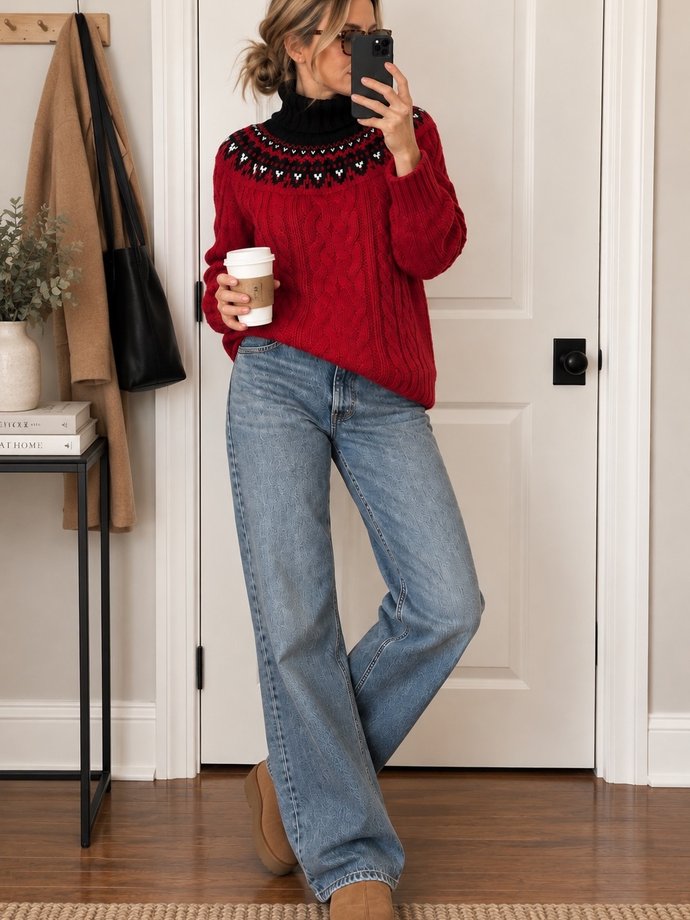 St. John’s Bay Fair Isle Cable Knit Turtleneck Sweater Red Black L